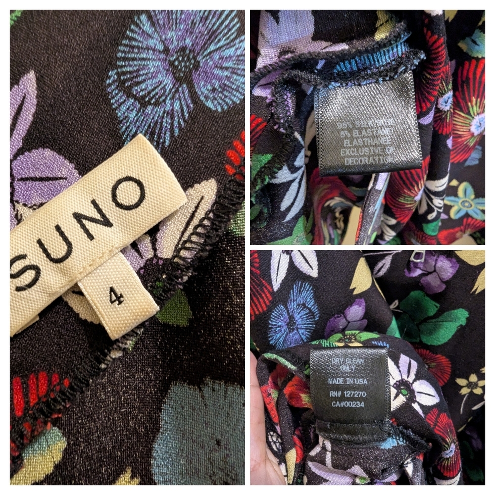 SUNO Stretch-Silk Multicolor Floral Fit-&-Flare Quarter Sleeve Mini Dress- 4 - Picture 10 of 15